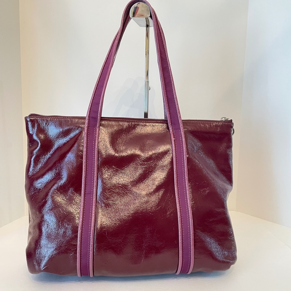 Coach Poppy Patent Leather Op Art Glam Tote Purple/Burgundy Hand Bag - Picture 3 of 16